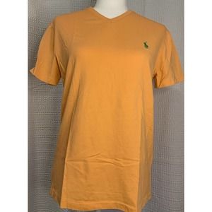 Polo Ralph Lauren Womens Orange T-Shirt V-neck Short Sleeve Pony Blue Logo S